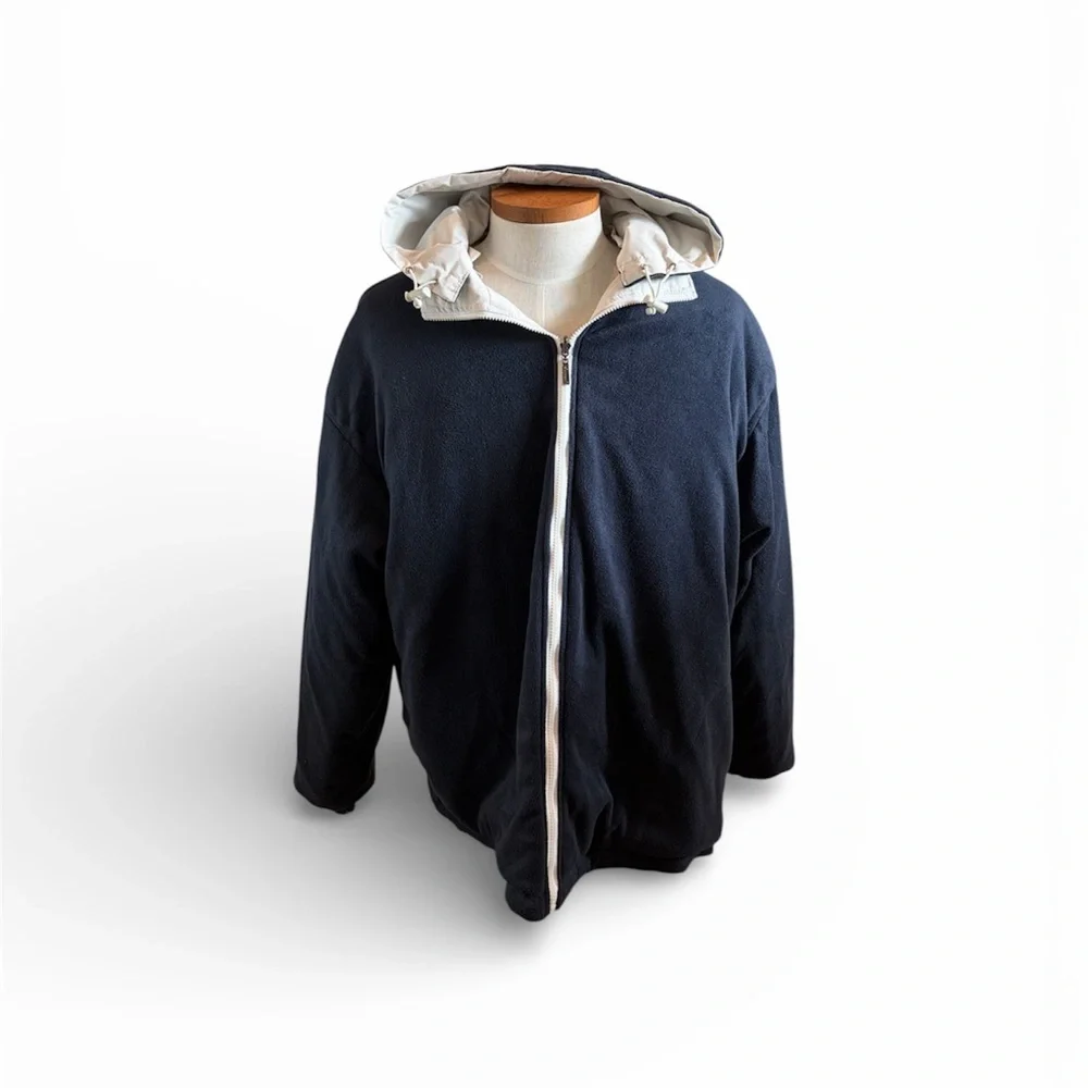90s Cheneral White Navy REVERSIBLE Fleece Hooded CARMEL CALIFORNIA Jacket 2XL